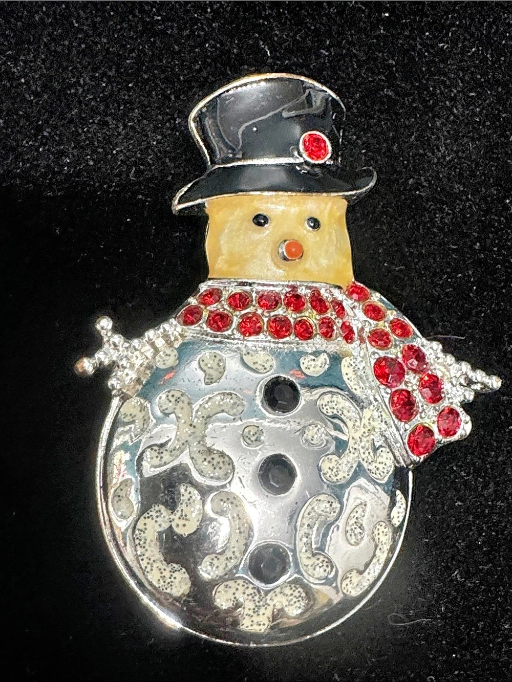 Snowman Rhinestone Brooch in Silver & Red Like New